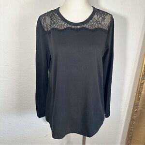 Gerard Darel Paris Cotton Blend Eyelash Lace Detail Black Long Sleeve Top Size 2